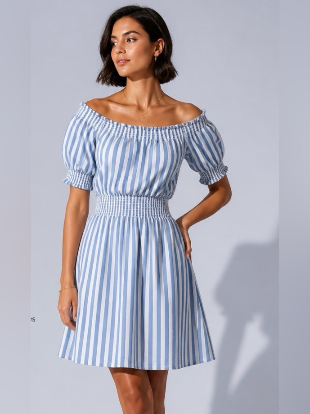 J CREW Dress Smocked Puff Sleeve Cotton Poplin Stripe Blue White A Line